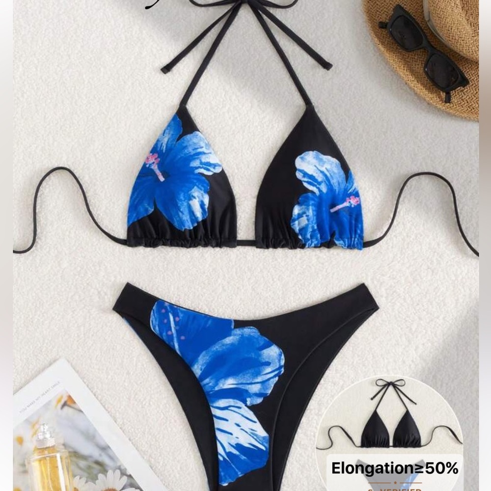Black Bikini with Bold Blue Floral Print - Size M - NWT
